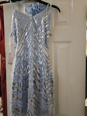 Light Blue Sequin Halter Cocktail Dress- S